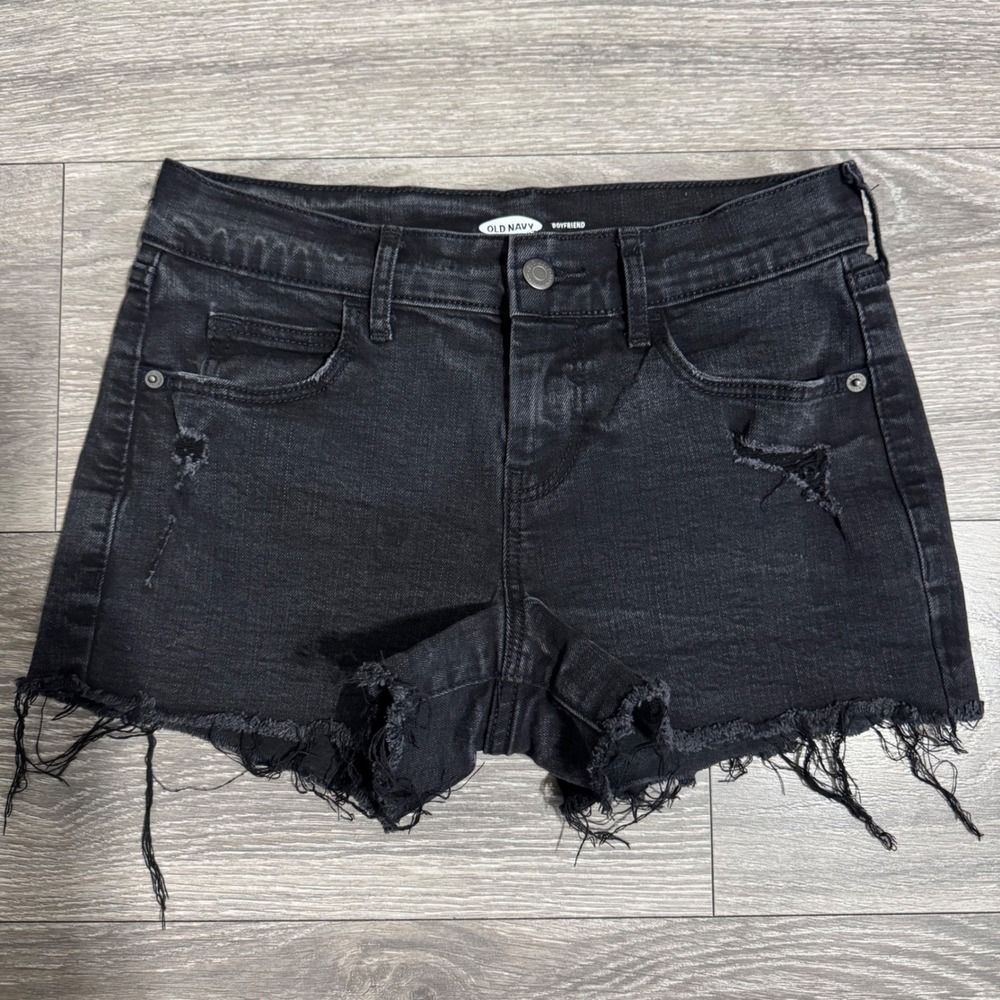 Old Navy Boyfriend Black Distressed Denim Shorts Raw Hem Womens Size 0 Mid Rise
